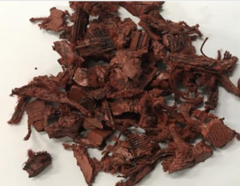 Competitor shredded car-tire mulch — stringy and flimsy